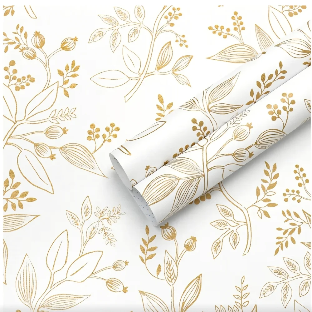 4‎ Rolls Floral Wallpaper Peel and Stick White and Gold Contact Paper Modern